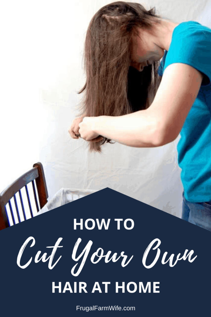 Image shows a woman bent over a garbage can with the text "how to cut your own hair at home"