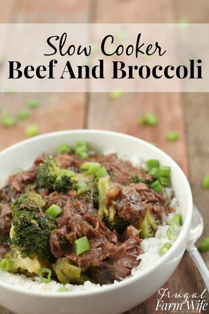 Image shows a bowl of beef and broccoli on a table, with text that reads "slow cooker beef and broccoli"