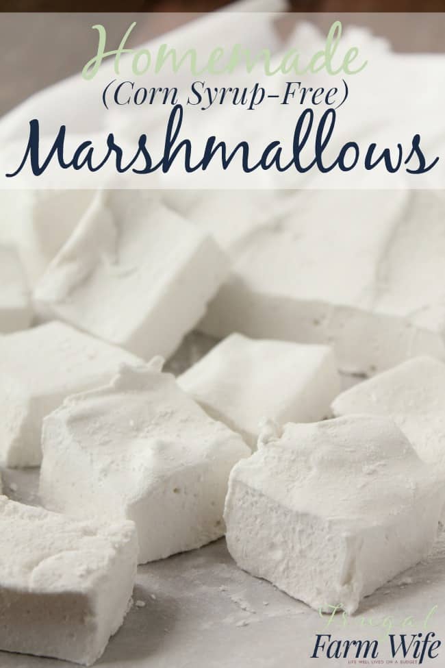 Image shows a pile of homemade marshmallows with the text "Homemade (corn syrup-free) Marshmallows"
