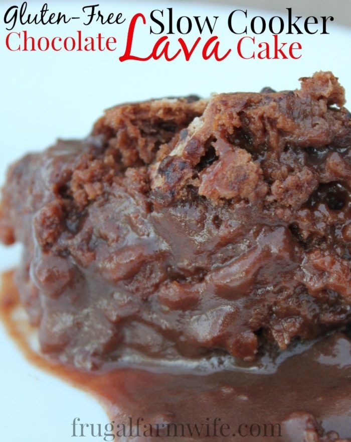 Image shows a close up of a piece of chocolate cake with text that reads "Gluten Free Slow Cooker Chocolate Lava Cake"