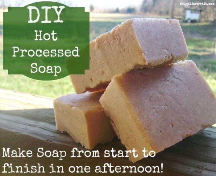 Image shows several bars of homemade soap on a table, with text that reads "DIY Hot Processed Soap"
