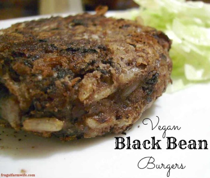 Image shows a vegan black bean burger patty with the text "Vegan Black Bean Burgers"