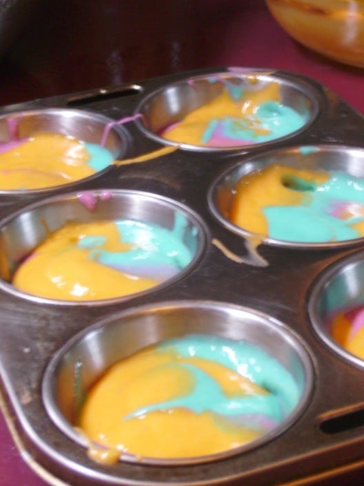 Image shows the cupcake batter mixed and ready for the oven
