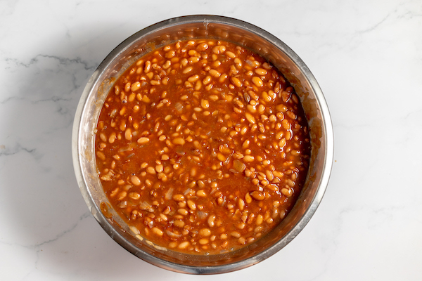 large bowl of baked beans ready to can