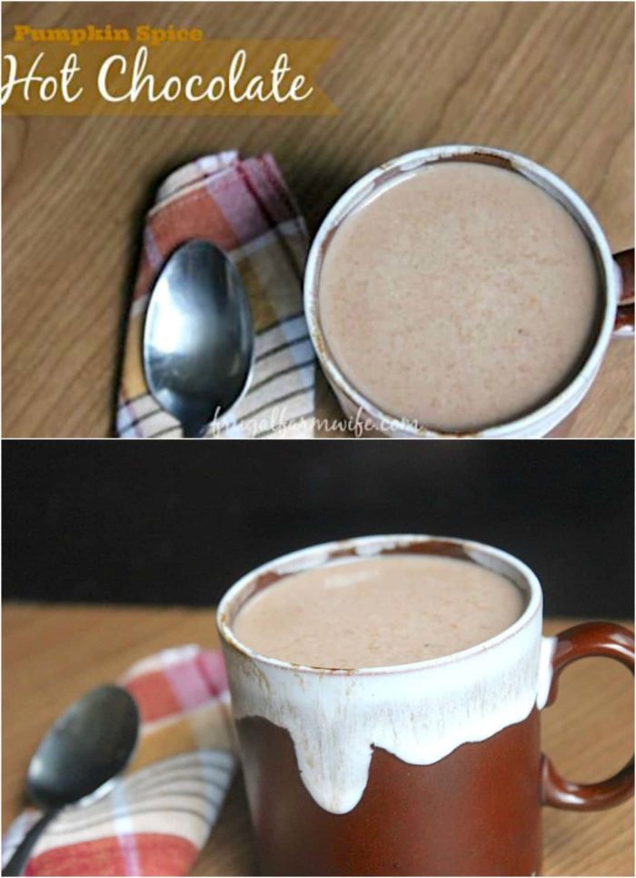 Image shows a collage of mugs of hot cocoa on a table next to a plaid napkin