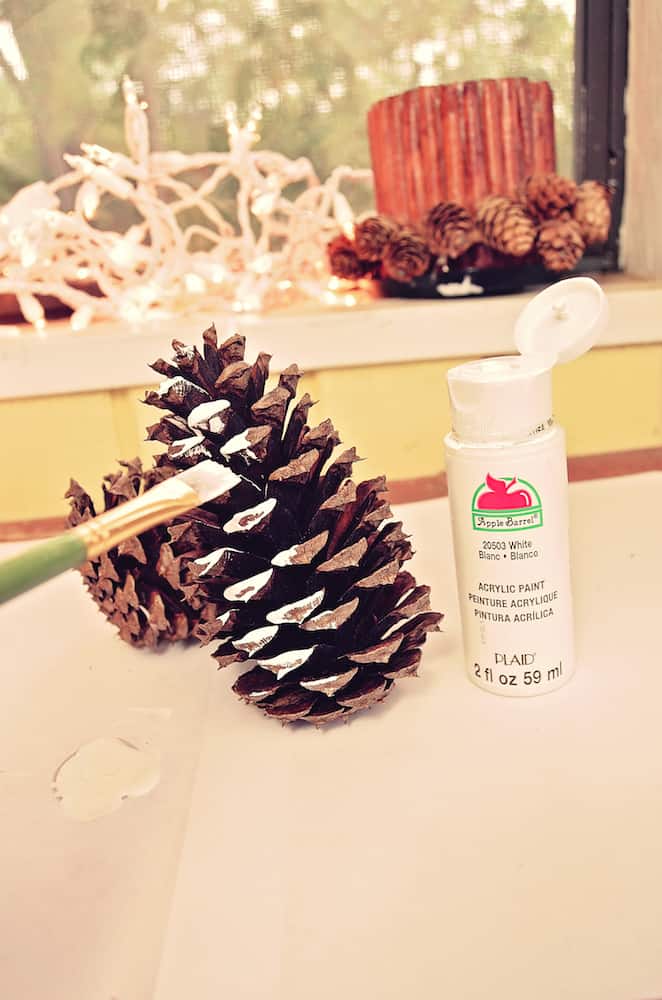 Photo shows a paintbrush painting a pinecone on a table
