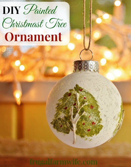 Image shows a painted Christmas ornament hanging with text that says "DIY Painted Christmas Tree Ornament"