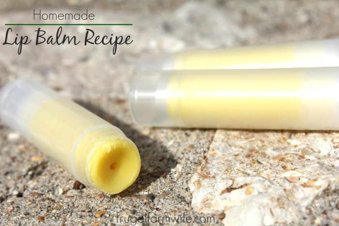 Image shows a tube of homemade lip balm, with text that reads "Homemade Lip Balm Recipe"