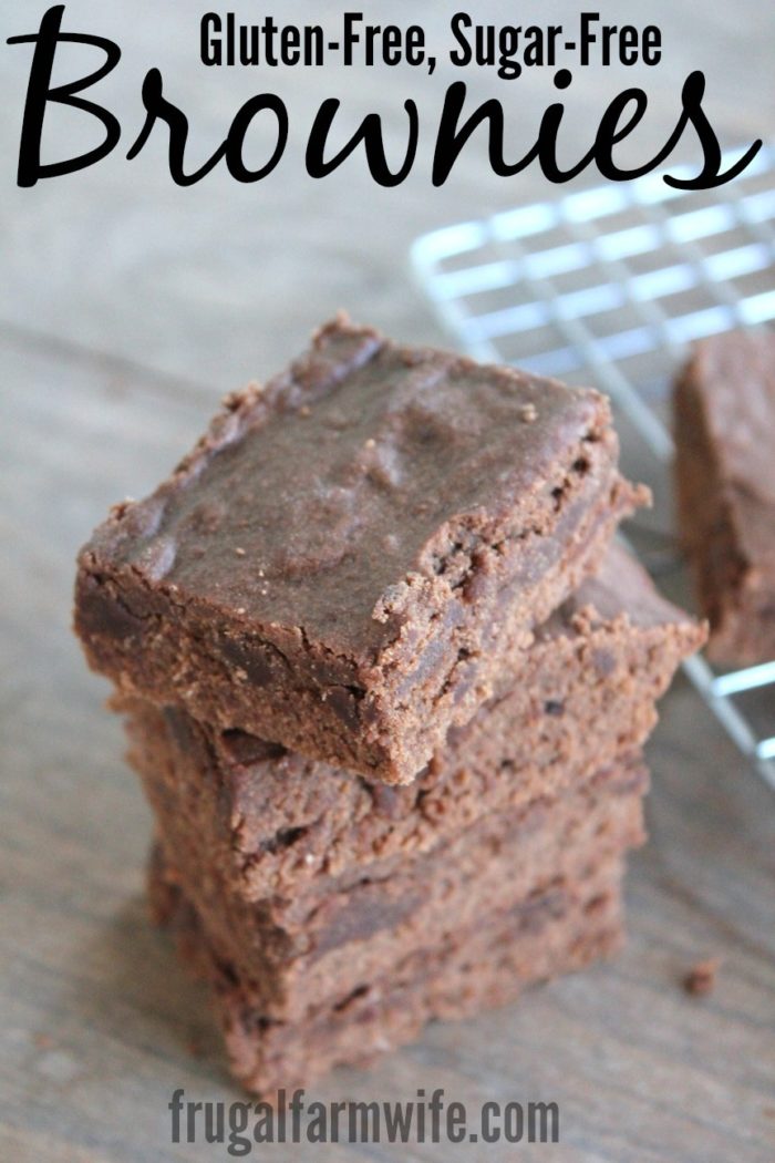 Image shows a stack of chocolate brownies, with text that reads "Gluten-free, Sugar-free brownies"