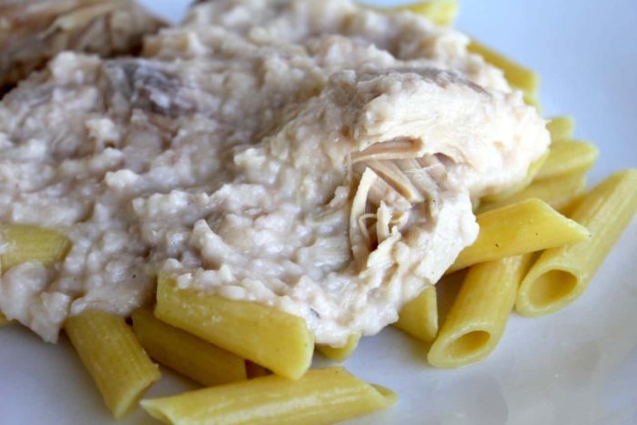 Image shows a close up of a plate of chicken alfredo