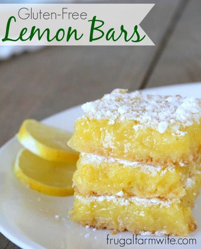 Image shows a close up of lemon bars with text that reads "Gluten-Free Lemon Bars"