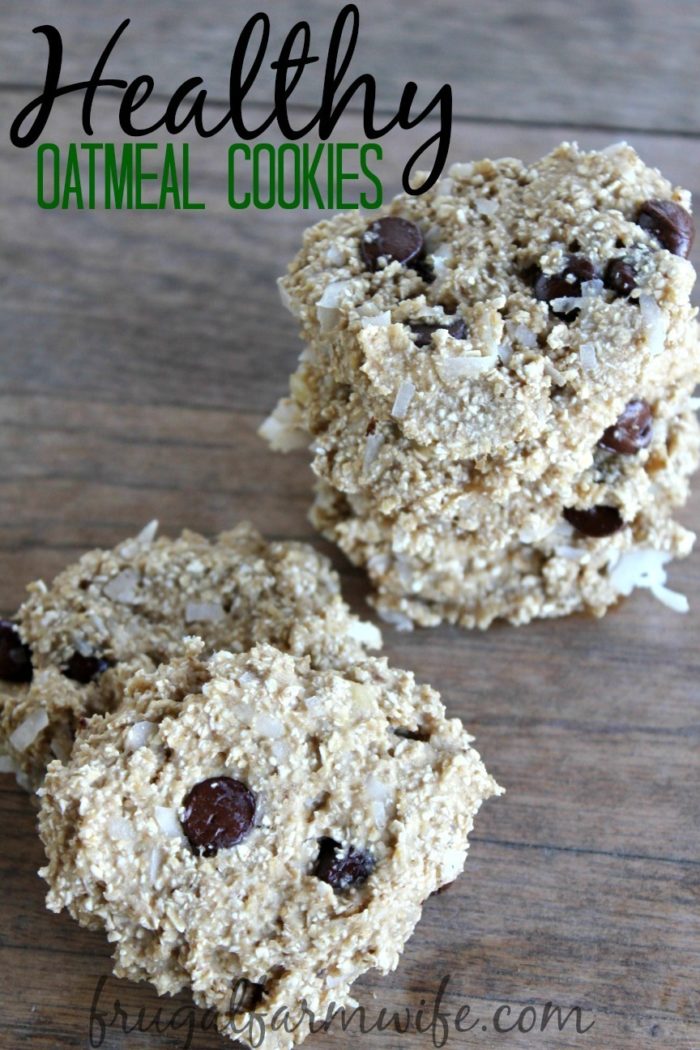 Image shows a close up of two oatmeal cookies with text that reads "Healthy Oatmeal Cookies"