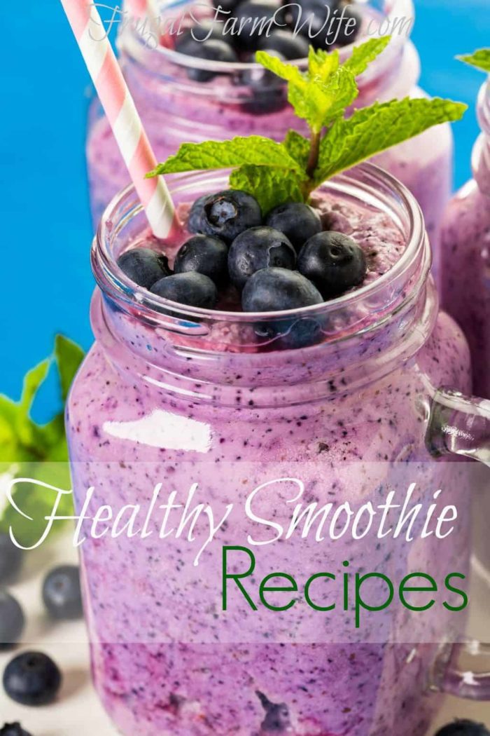 Image shows a mason jar with a purple smoothie topped with blueberries and text that reads "healthy smoothie recipes"