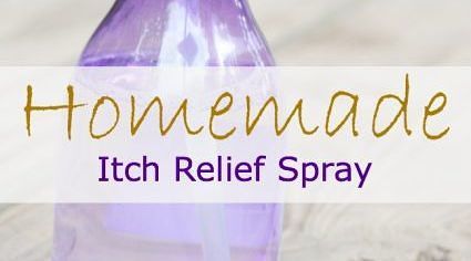Photo shows a close up of a spray bottle with the words "Homemade Itch Relief Spray"