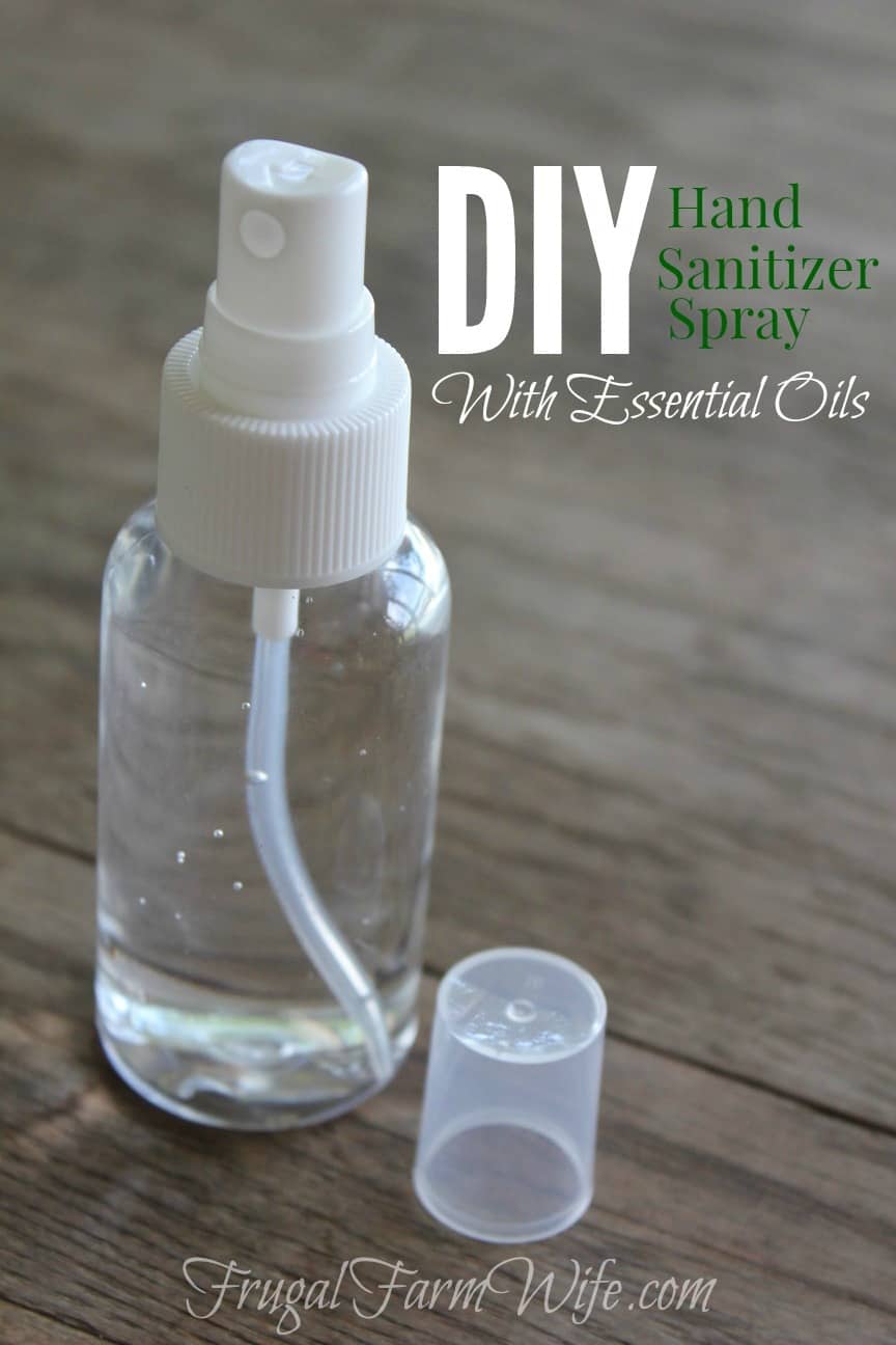 Photo shows a spray bottle with the text "DIY Hand Sanitizer Spray with Essential Oils"