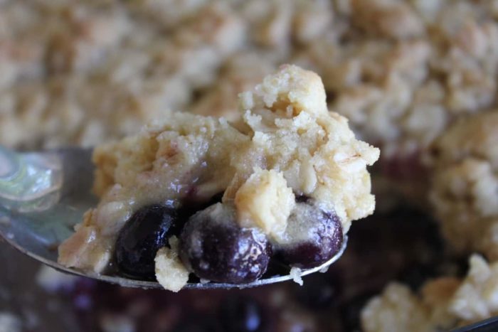 A spoonful of homemade gluten-free blueberry crisp made with fresh blueberries and a crispy crumble topping.