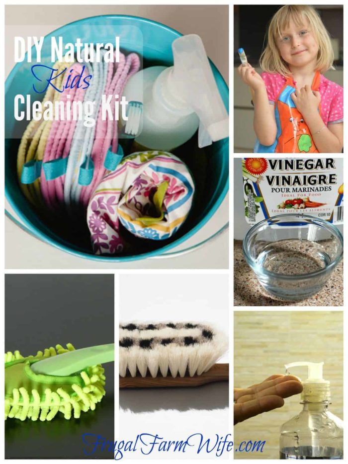 Image shows a collage of photos with cleaning products and text that reads "DIY Natural Kids Cleaning Kit"