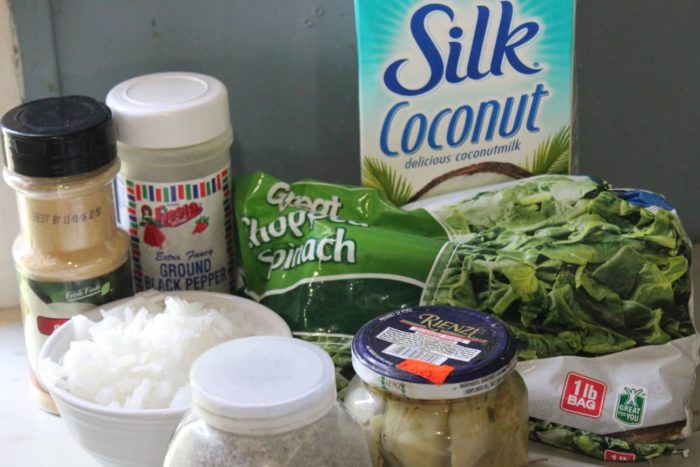 Photo shows all the ingredients you'll need to make skinny spinach artichoke dip