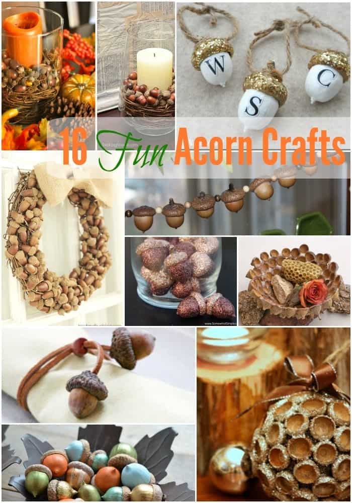 Image shows a collage of fall crafts with text that says "16 Fun Acorn Crafts"