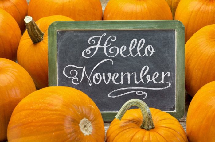 Image shows a pile of pumpkins with a chalkboard that says "Hello November"