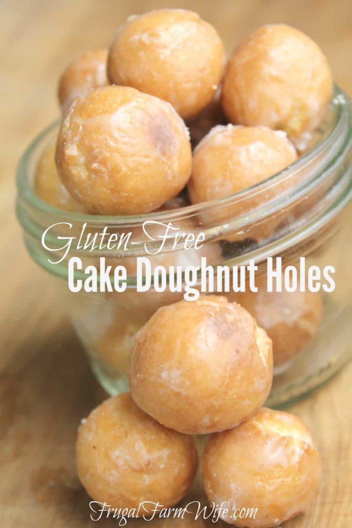 Photo shows a small jar full of cake doughnut holes with text to read "Gluten-Free Cake Doughnut Holes"