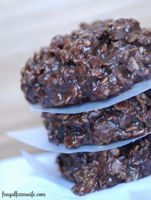 Image shows a stack of no bake chocolate cookies