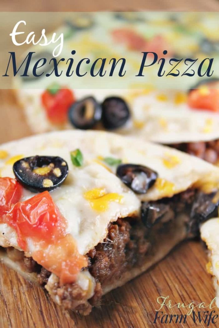 Image shows a close up of a tortilla filled with beans and topped with tomato and olives with text that reads "easy Mexican pizza"
