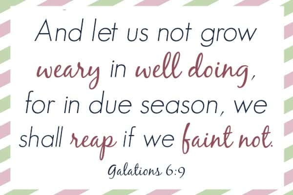 Image reads "And let us not grow weary in well doing, for in due season we shall reap if we faint not. Galatians 6:9"