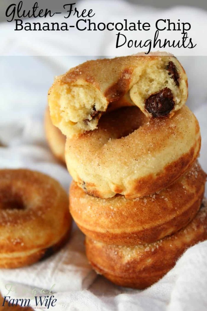 Image shows a stack of doughnuts with text that reads "Gluten-Free Banana-Chocolate Chip Doughnuts"