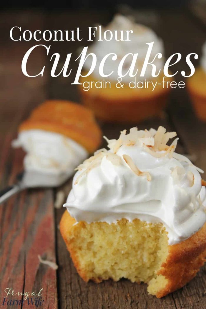 Image shows a photo of cupcakes with white frosting and text that reads "coconut flour cupcakes grain & dairy free"