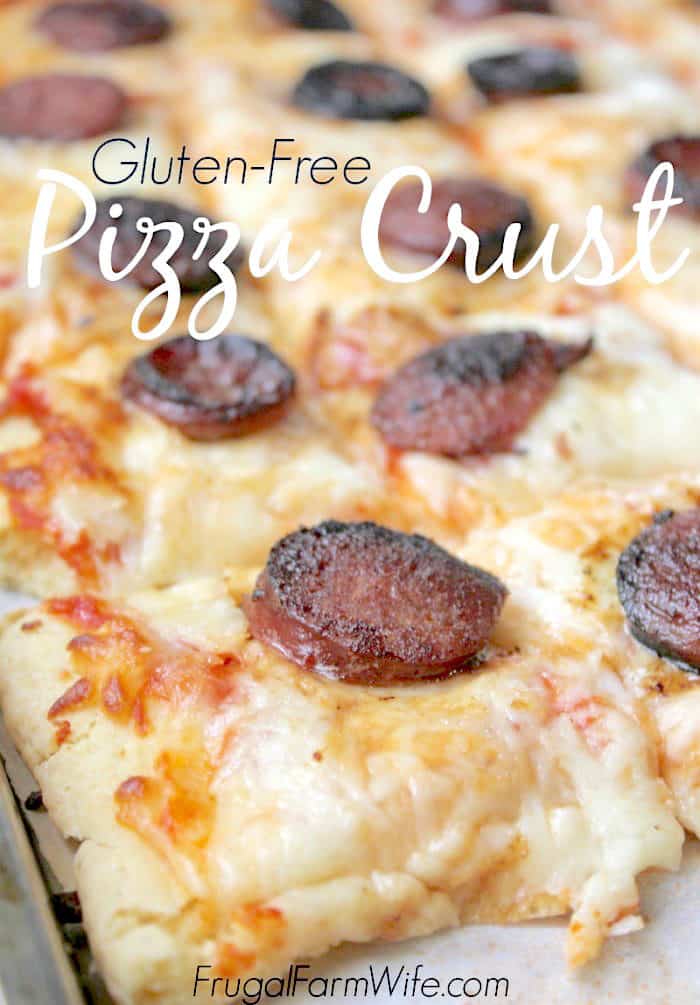 Image depicts a close up of pepperoni pizza with text that reads "Gluten-free Pizza Crust"