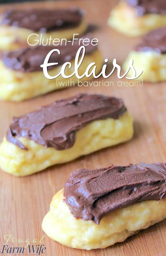 Image shows rows of chocolate eclairs with text that reads "Gluten-Free Eclairs (with Bavarian Cream)"