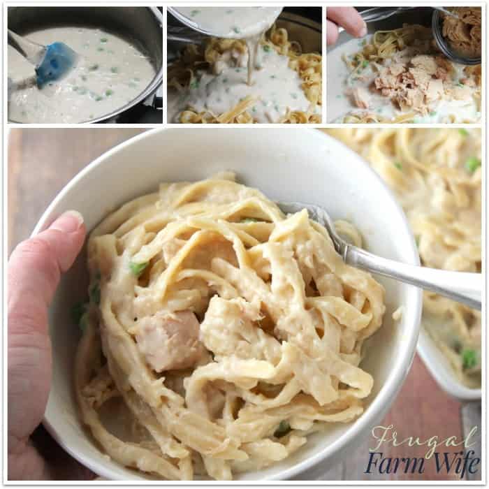 Image shows a collage of gluten free tuna casserole