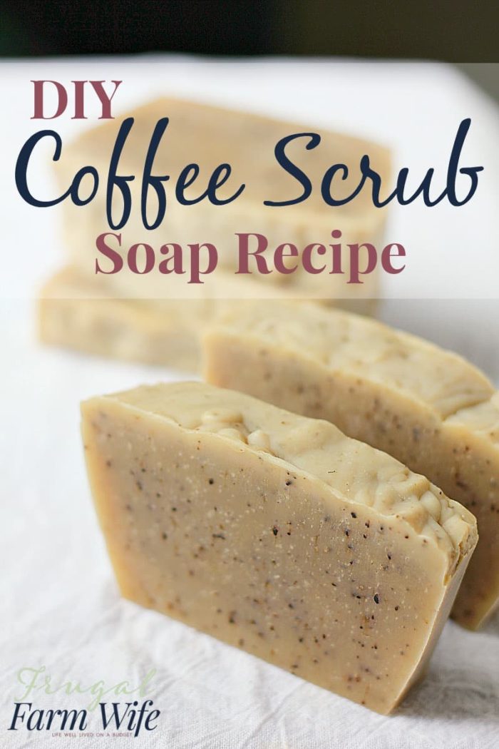 Image shows several bars of soap with text that reads "DIY Coffee Scrub Soap Recipe"