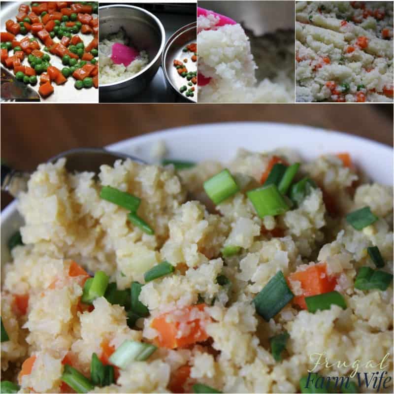 Image shows a collage of photos illustrating each step of how to make fried rice with cauliflower. 