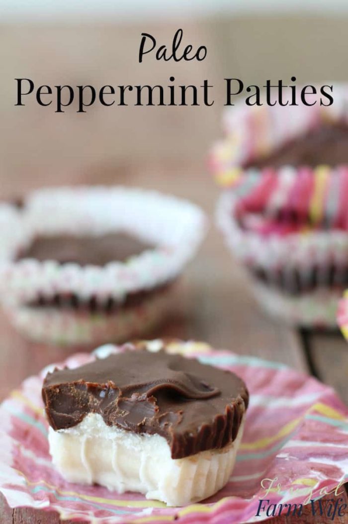 Image shows a close up of several peppermint patties with text that reads "Paleo Peppermint Patties"