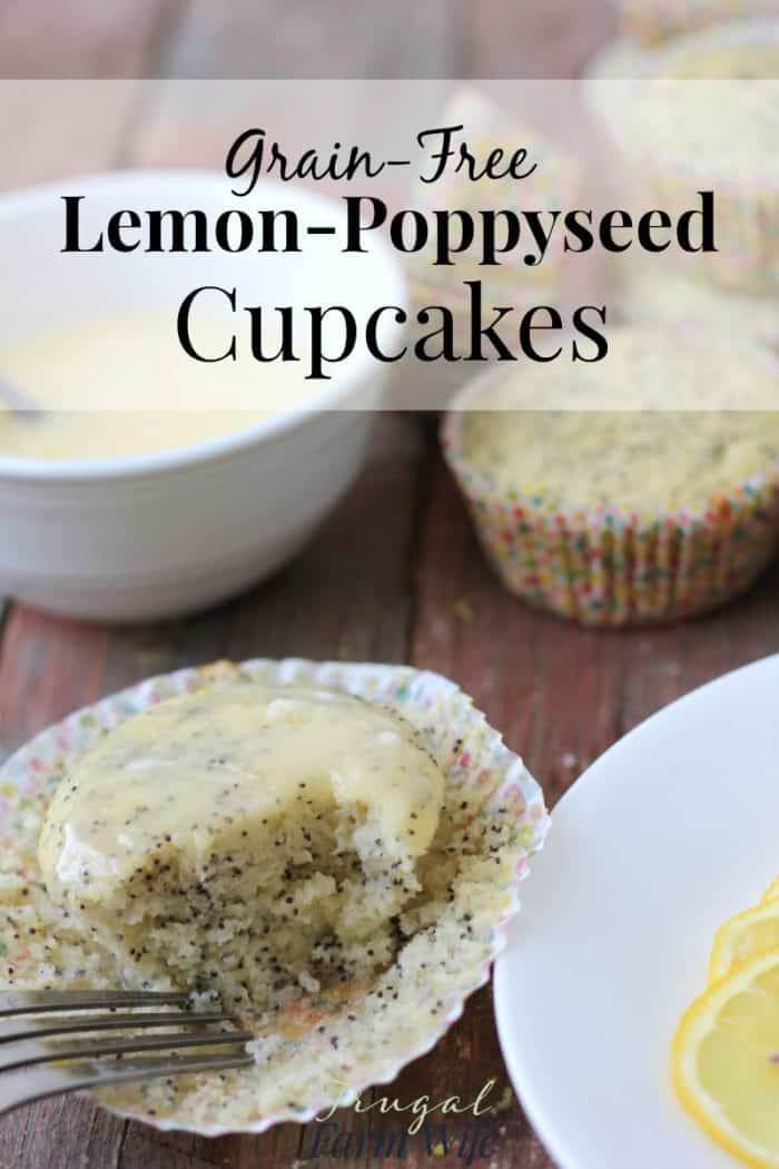 Photo shows a cupcake unwrapped with a fork in it and text that reads "Grain-Free Lemon-Poppyseed Cupcakes"