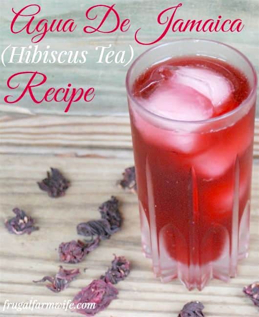 Image shows a glass of red tea with text that reads "Aqua de Jamaica (Hibiscus Tea) Recipe"