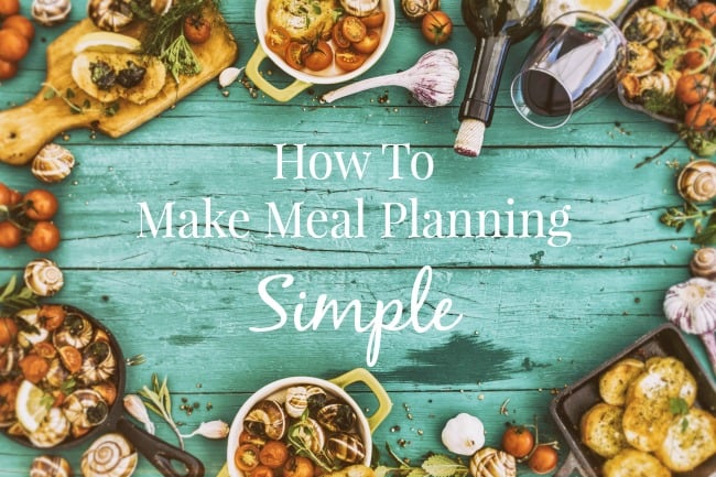 Image shows a blue table covered in food, with text that reads "How to Make Meal Planning Simple"