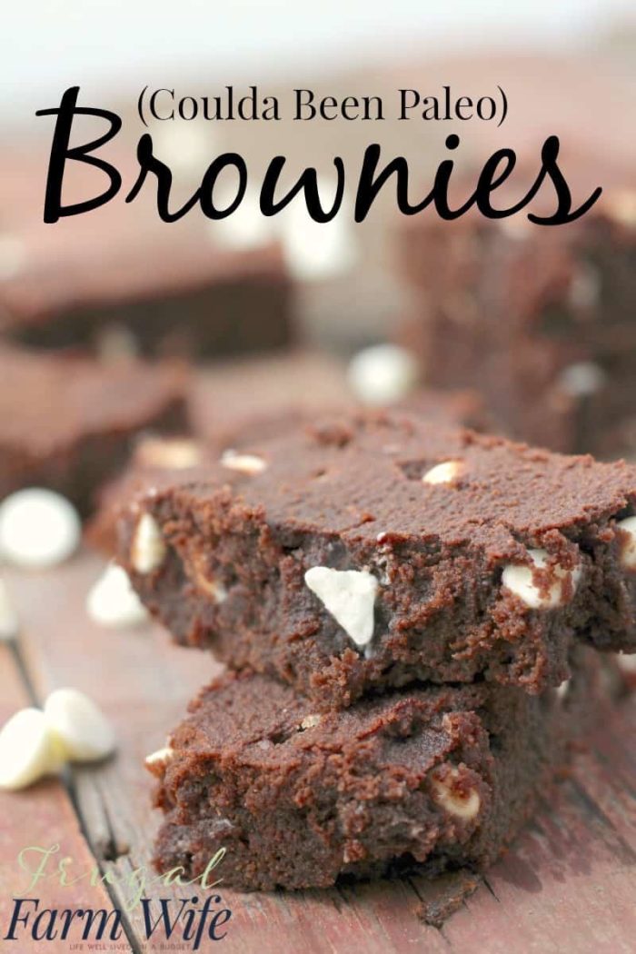Image shows two brownies stacked on a table with text that reads "(Coulda Been Paleo) Brownies"