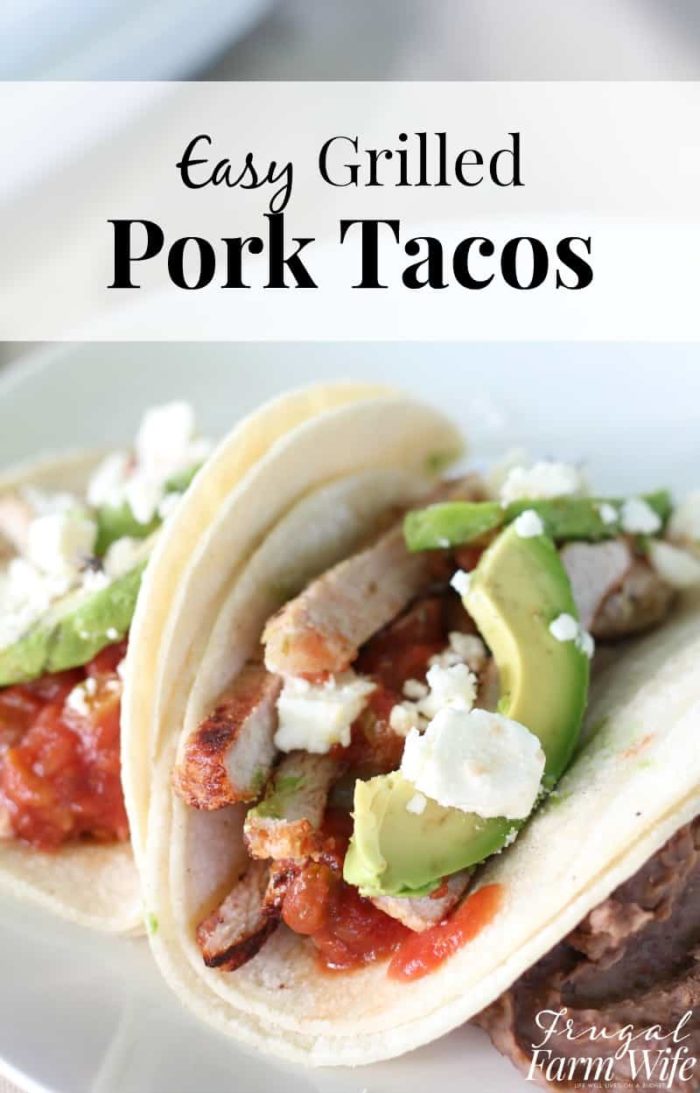 Image shows two tacos with text that reads "Easy Grilled Pork Tacos"
