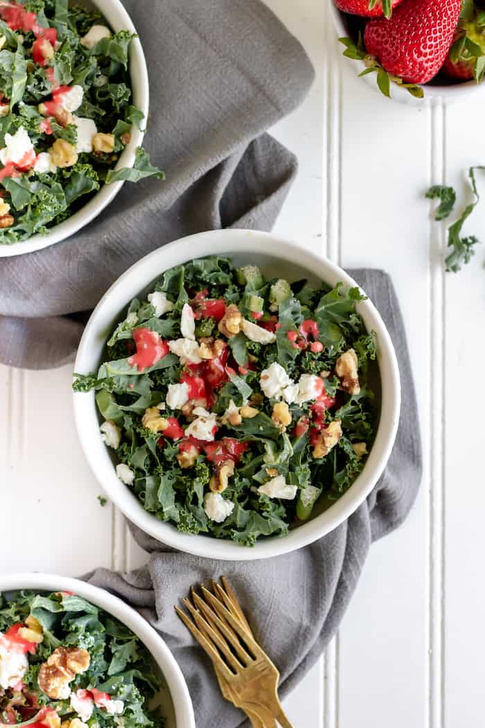 Kale salad with Paleo strawberry vinaigrette dressing