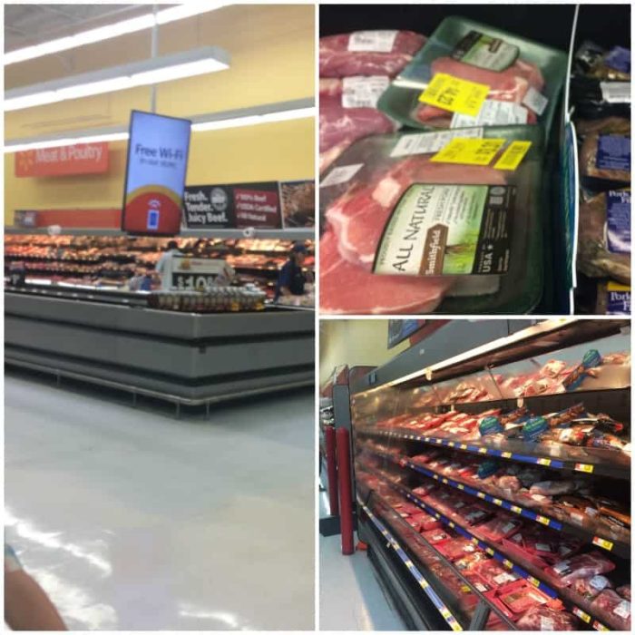 Image shows a collage of the meat aisle in the groery store