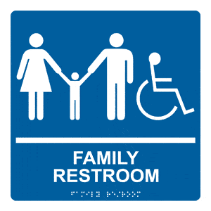 Image shows a blue and white "amily restroom" sign