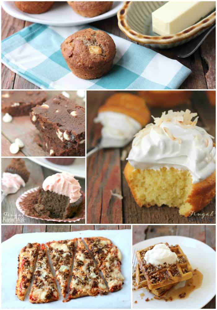 Image shows a collage of items made with coconut flour- muffins, brownies, cupcakes, pizza crust and waffles.