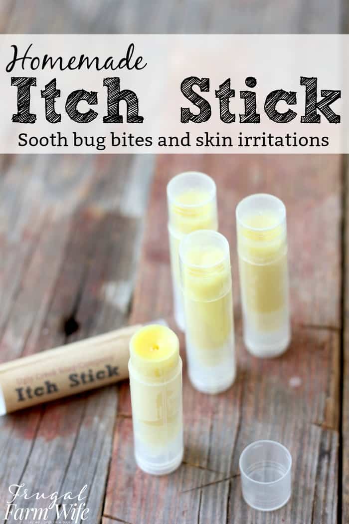 Image shows several Chapstick sized tubes of "itch stick" for bug bites. One in front has it's cap off, and another lays on its side. Text reads "Homemade Itch Stick: Soothe bug bites and skin irritations"