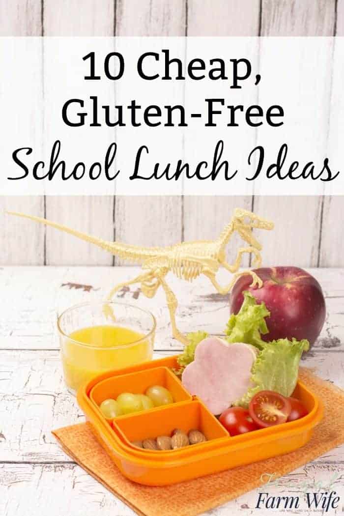 Image shows a healthy lunch on a table, with text that reads "10 Cheap Gluten-Free School Lunch Ideas"