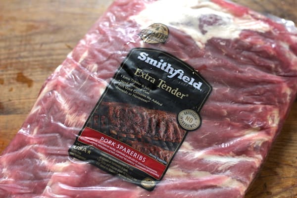 Image shows a package of Smithfield pork spare ribs in a package