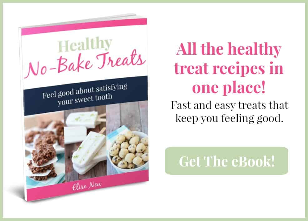 Image shows a copy of Elise New's Healthy No-Bake Treats book, with a link to get the e-book