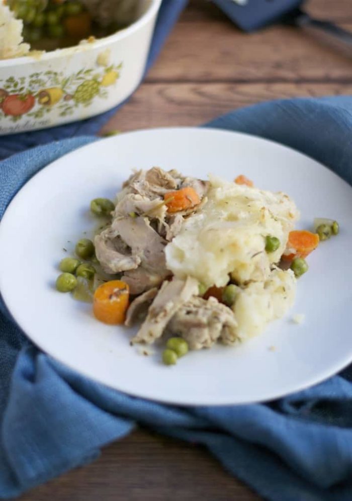 Photo shows a plate of Thanksgiving leftovers with turkey, mashed potatoes and vegetables